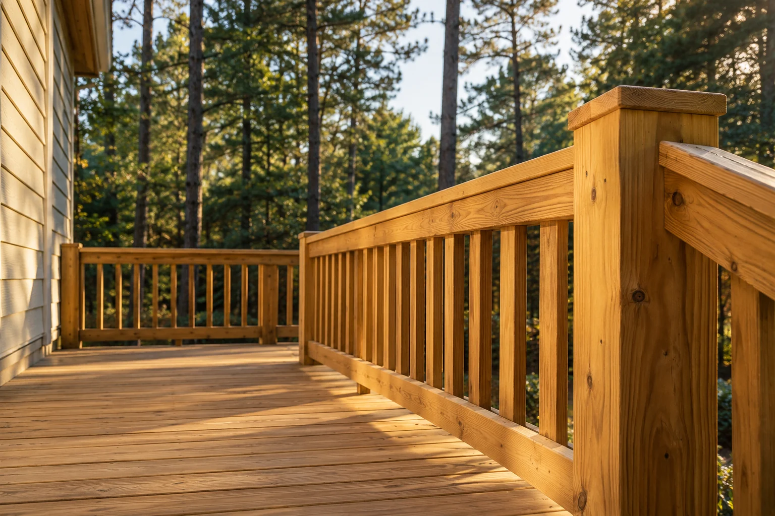 Sunlight across timber deck boards and a simple wooden railing, illustrating an outdoor living space